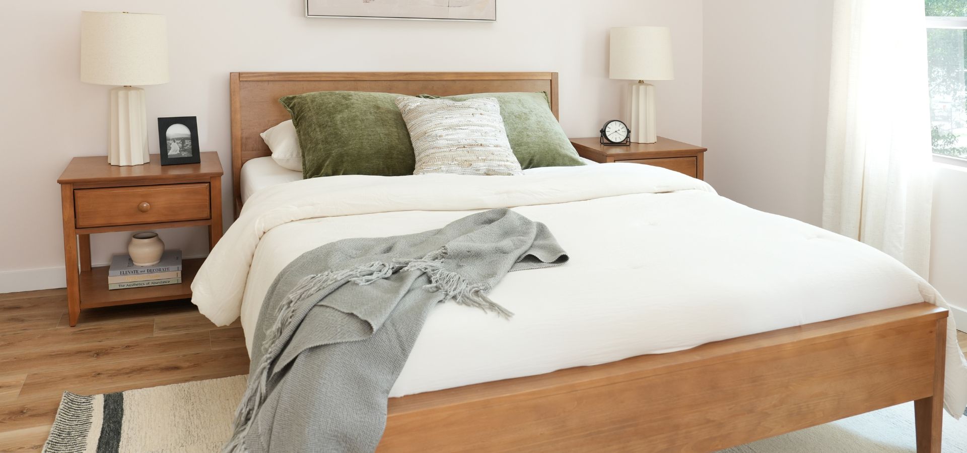 solid wood bed frame with a matching nightstand set