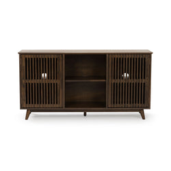 Mid-century modern dark walnut media console with vertical slatted doors, central open shelving, tapered legs and rear cable-management holes — living room TV stand and storage cabinet