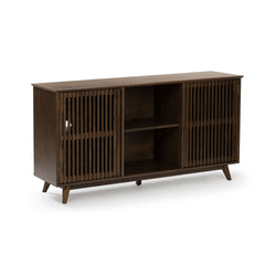Mid-century modern walnut TV console with slatted doors, open center shelf and tapered legs — media cabinet for living room storage