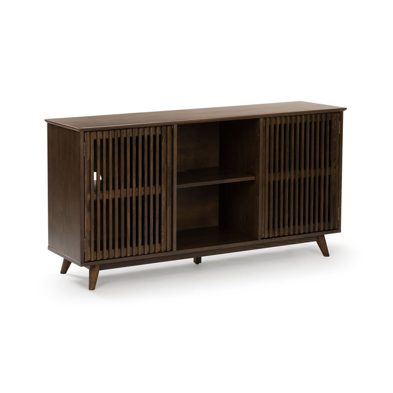 Mid-century modern walnut TV console with slatted doors, open center shelf and tapered legs — media cabinet for living room storage