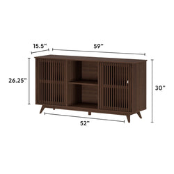 Mid-century modern dark wood TV stand with sliding doors and dimensions: 59" width, 15.5" depth, 30" height, ideal for living room storage.