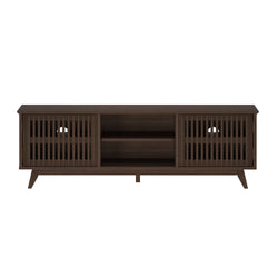 Mid-century modern dark wood TV stand with slatted sliding doors.