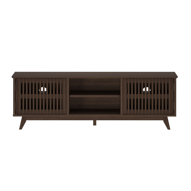 Mid-century modern dark wood TV stand with slatted sliding doors.