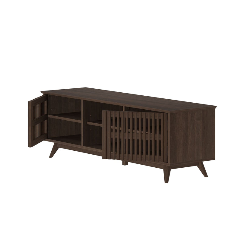 Mid-century modern dark brown wooden TV stand with lattice design doors and open shelving.
