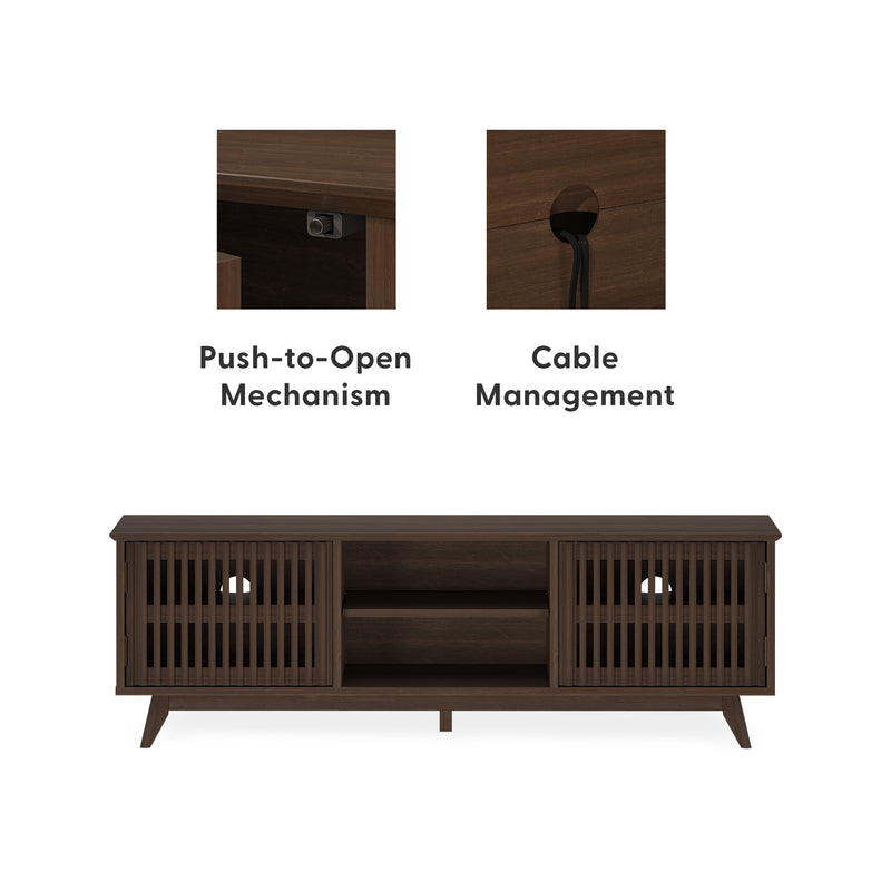 Mid-century modern TV stand with push-to-open doors and cable management system for a clutter-free living room setup.