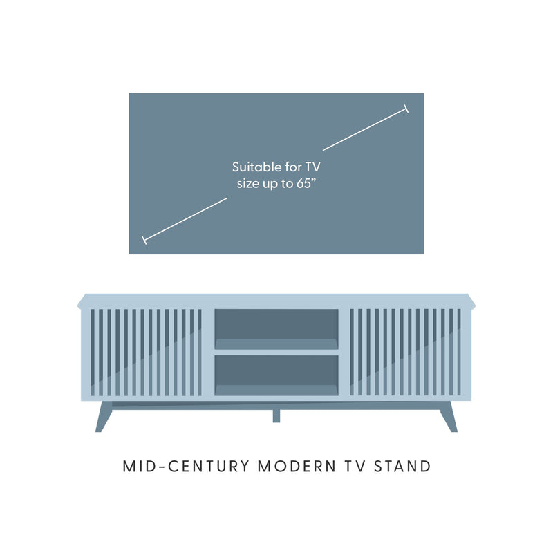 Mid-century modern TV stand suitable for televisions up to 65 inches.