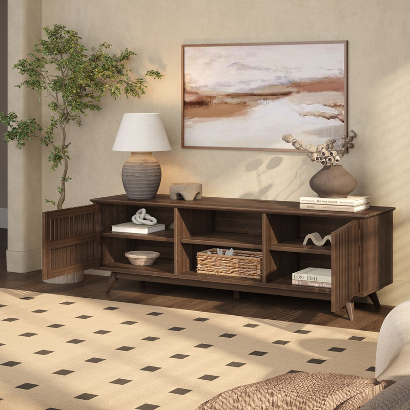 Mid-century modern wooden sideboard with decor, featuring a ceramic lamp and abstract wall art in a stylish living room setting.