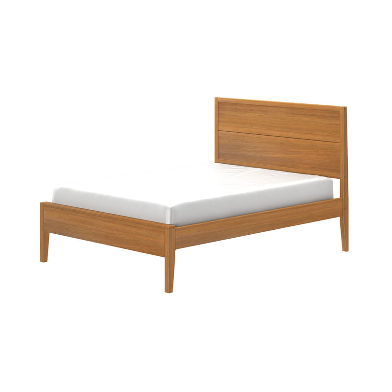 Wooden platform bed frame with headboard and white mattress on a white background.