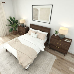 Cozy modern bedroom interior with wooden furniture, including a bed and nightstands, complemented by neutral bedding and decor elements like a leafy plant and abstract wall art.