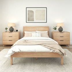 Elegant modern bedroom with wooden bed frame, neutral bedding, matching bedside tables, and minimalist decor.