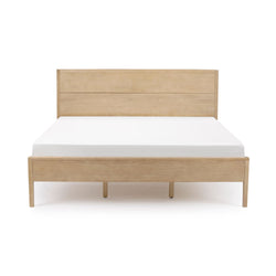Light wood platform bed with panel headboard and white mattress — modern minimalist queen-size wooden bed frame in natural finish