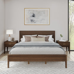 Modern bedroom with wooden bed frame, matching nightstands, and abstract wall art.