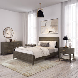 Modern neutral bedroom with gray wood platform bed, matching dresser and nightstand, soft bedding, large windows, pendant light and abstract wall art