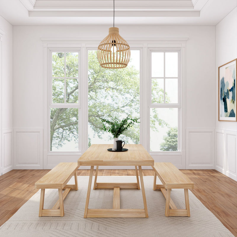 Modern Scandinavian dining room with natural wood furniture, large windows, and minimalist decor.