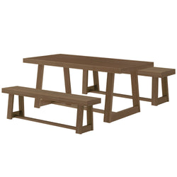 Rustic wooden dining table set with benches, perfect for modern home decor.