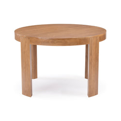 Round wooden dining table with a modern design and sturdy legs.