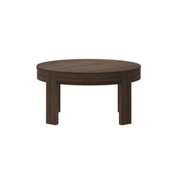Round dark wood coffee table on white background.
