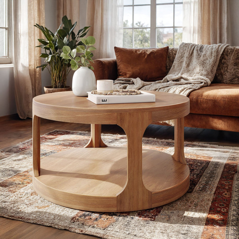 Cozy living room with wooden coffee table, brown sofa, and decorative rug.