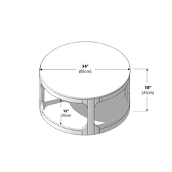 Round coffee table dimensions illustration: 34 inches (85cm) diameter, 18 inches (45cm) height, 12 inches (30cm) shelf height.