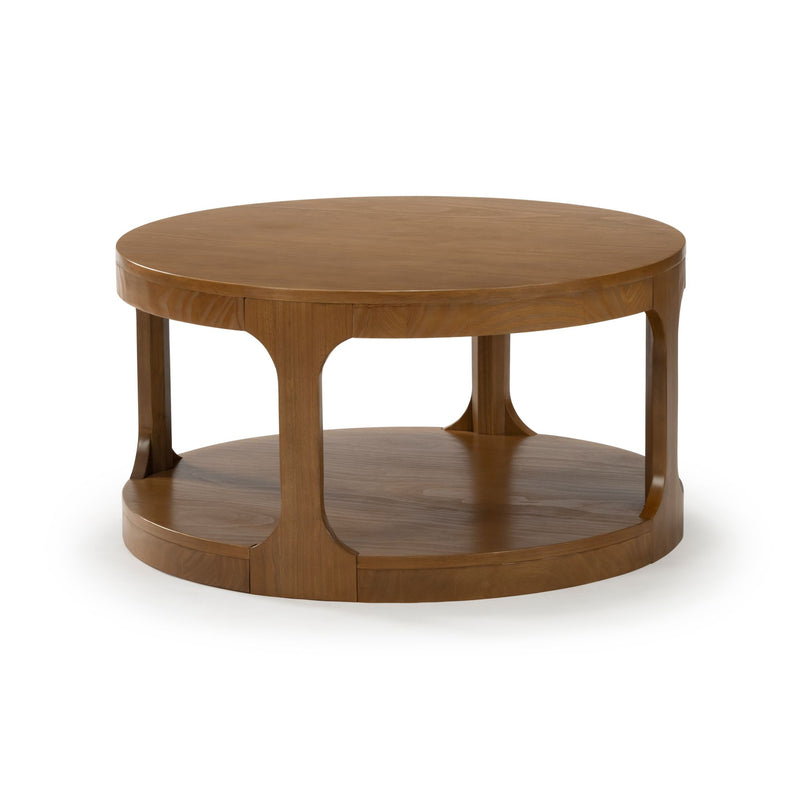 Round wooden coffee table with storage shelf and modern design.