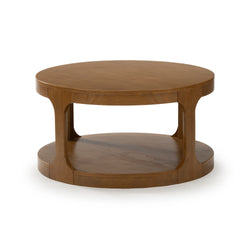 Round wooden coffee table with lower shelf, modern design.