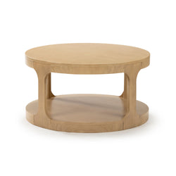 Round natural wood coffee table with double-tiered design.