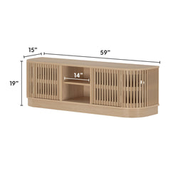 59-inch natural oak slatted media console TV stand with two cabinet doors and 14-inch center shelf, 19-inch H x 15-inch D, modern storage cabinet