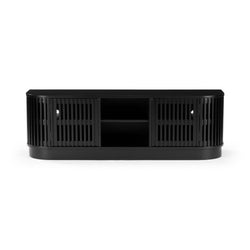 Black TV stand media console with slatted cabinet doors, rounded corners and open center shelving for living room storage