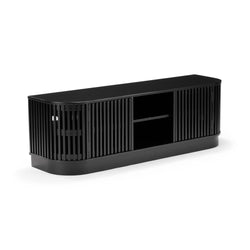 Black modern slatted TV stand media console with rounded corners, vertical slatted doors, two open center shelves and low-profile storage