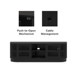 Black modern TV stand media console with slatted push-to-open cabinet doors, open shelving and rear cable management grommet