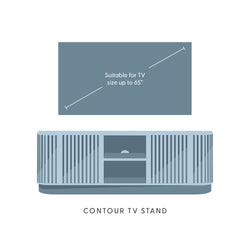 Contour TV stand with slatted doors and open shelving, modern living room media console fits TVs up to 65 inches