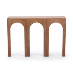 Modern wooden console table with arch design and natural finish.