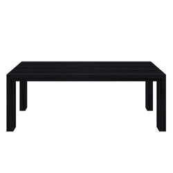 Black wooden dining table with minimalist design on white background.