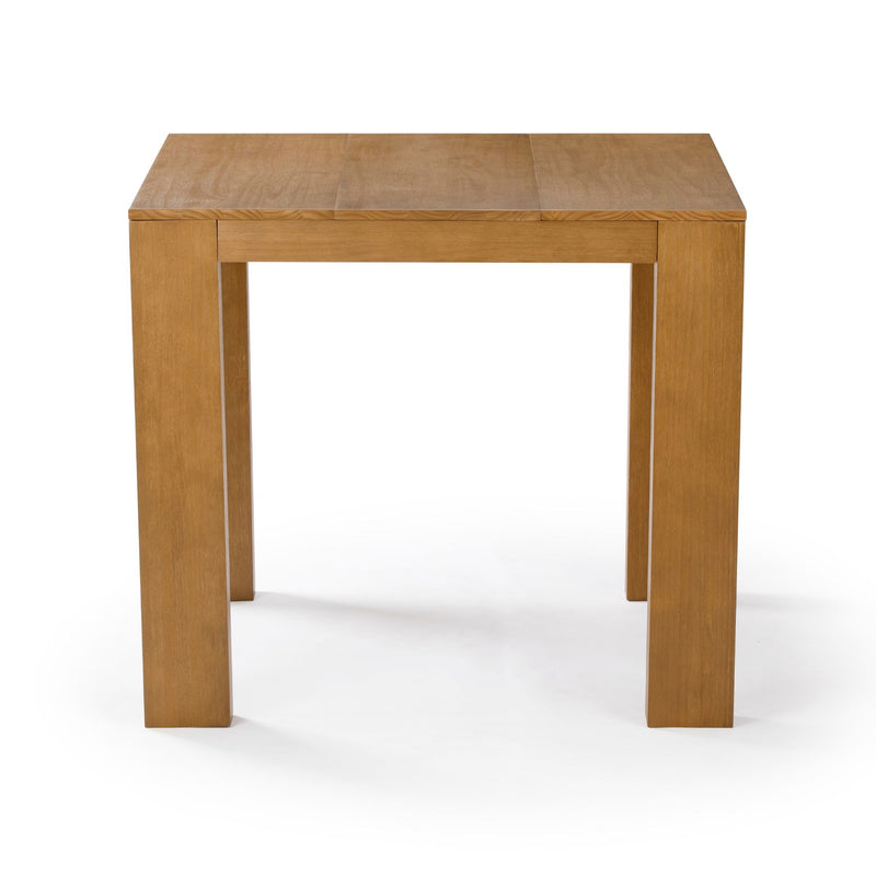 Modern light oak solid wood square dining table with thick square legs on white background