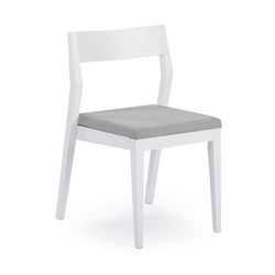 White wooden chair with a gray cushioned seat, perfect for modern dining rooms.