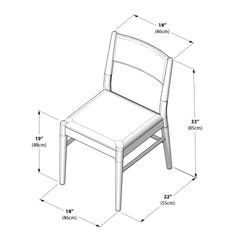Dining chair dimensions diagram — isometric line drawing of a cushioned dining chair with curved backrest showing seat width 18″ (46cm), seat depth 22″ (55cm), seat height 19″ (48cm), overall height 33″ (85cm)