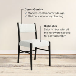 Modern white bouclé upholstered dining chair with cushioned seat and back and black wood frame, easy-to-clean fabric, ships in one box with hardware for simple assembly