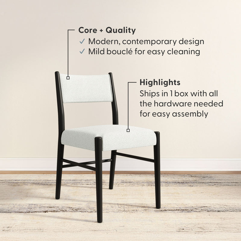 Modern white bouclé upholstered dining chair with cushioned seat and back and black wood frame, easy-to-clean fabric, ships in one box with hardware for simple assembly