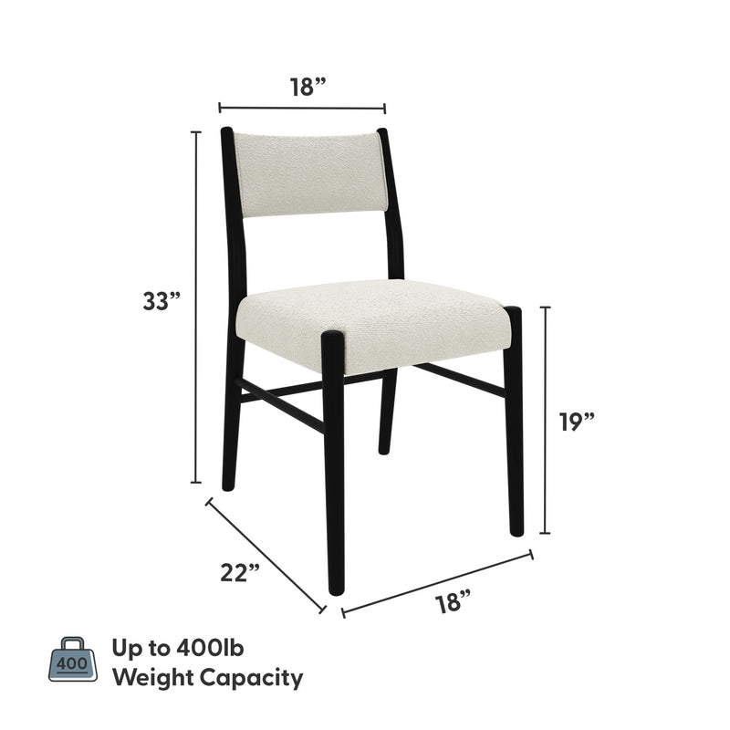 Upholstered cream boucle dining chair with black wood frame, 18 in seat width x 19 in seat height, 33 in overall height, 22 in depth, 400 lb weight capacity