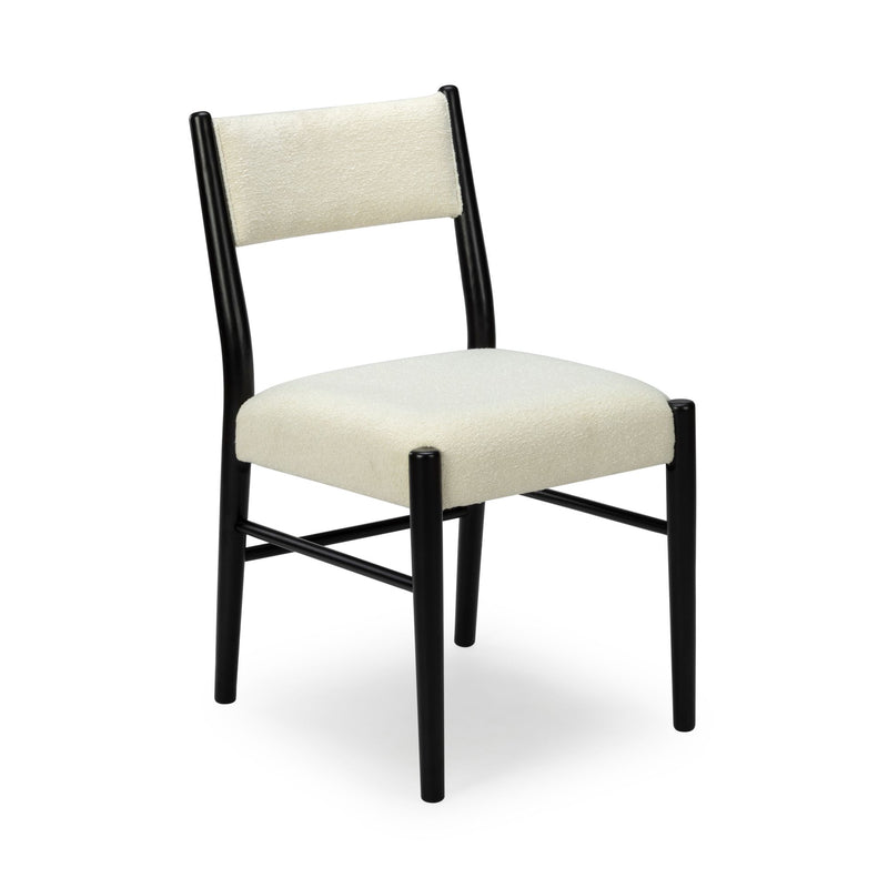 Mid-century modern dining chair with black wood frame and cream bouclé upholstered seat and back, minimalist kitchen or dining room accent chair