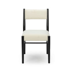 Front-view modern dining chair, white boucle upholstered seat and back with black wooden frame on white background