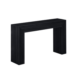 Black wooden console table with modern minimalist design.