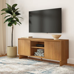 Wall-mounted flat-screen TV above mid-century modern wooden media console with storage, decorative bowl, potted plant and area rug in living room
