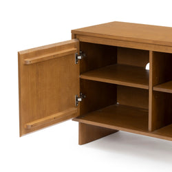 Light brown wooden TV stand media console with open cabinet door, adjustable interior shelves and rear cable-management hole for living room storage and entertainment equipment