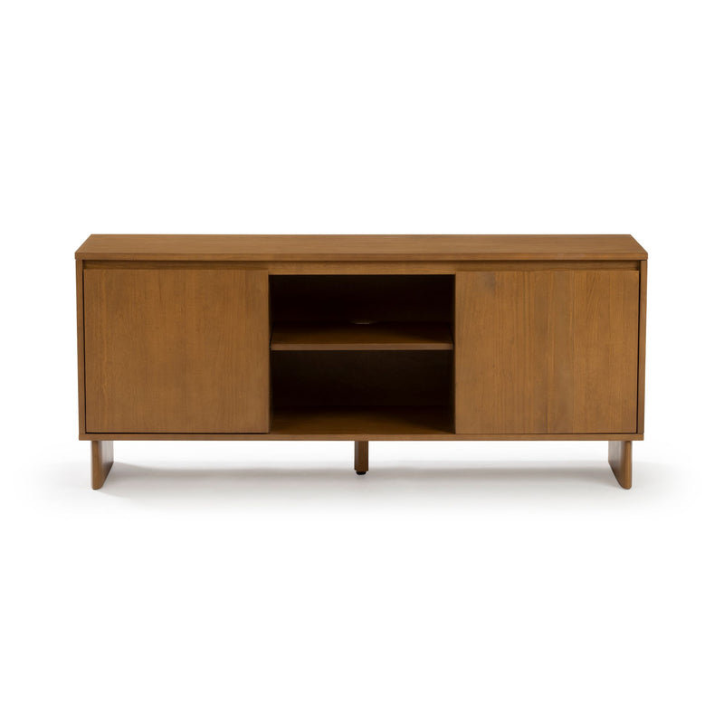 Mid-century modern walnut TV stand media console with two cabinet doors, central open shelving and cable-management hole for living room storage