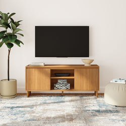 Mid-century modern wooden media console with wall-mounted flat-screen TV in a minimalist living room, patterned area rug, potted plant and decorative bowls
