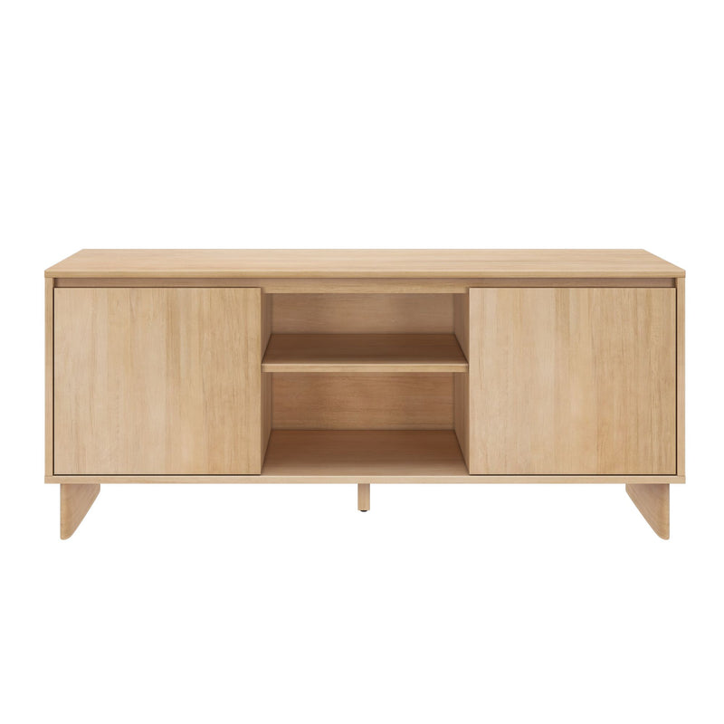 Mid-century modern light oak TV stand media console for living room with two cabinet doors, central open shelf and angled legs.