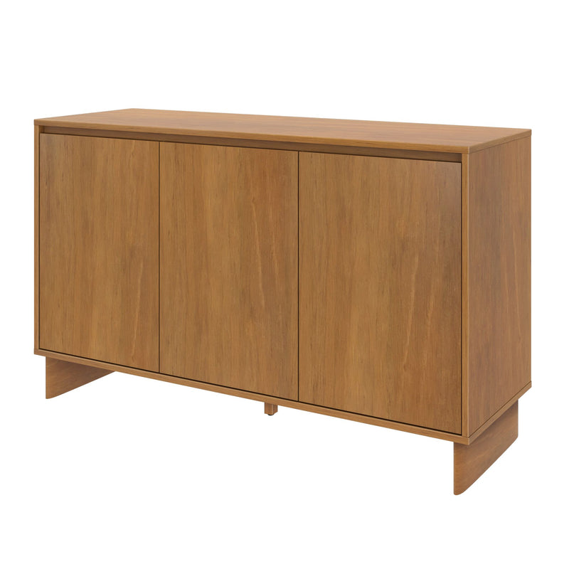 Mid-century modern walnut wood sideboard credenza with three-panel doors, closed storage cabinet and tapered base — warm wood finish console for living room, dining room or entryway