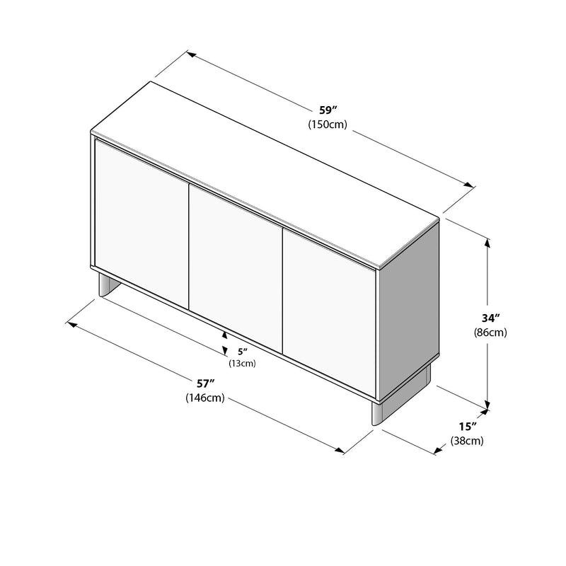 Isometric line drawing of a modern three-door sideboard/TV console with dimensions labeled: 59" (150 cm) overall width, 34" (86 cm) height, 15" (38 cm) depth and 5" (13 cm) toe-kick — cabinet furniture dimensions diagram