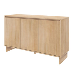 Minimalist natural oak three-door wooden sideboard cabinet with concealed storage, mid-century modern console for living room or entryway
